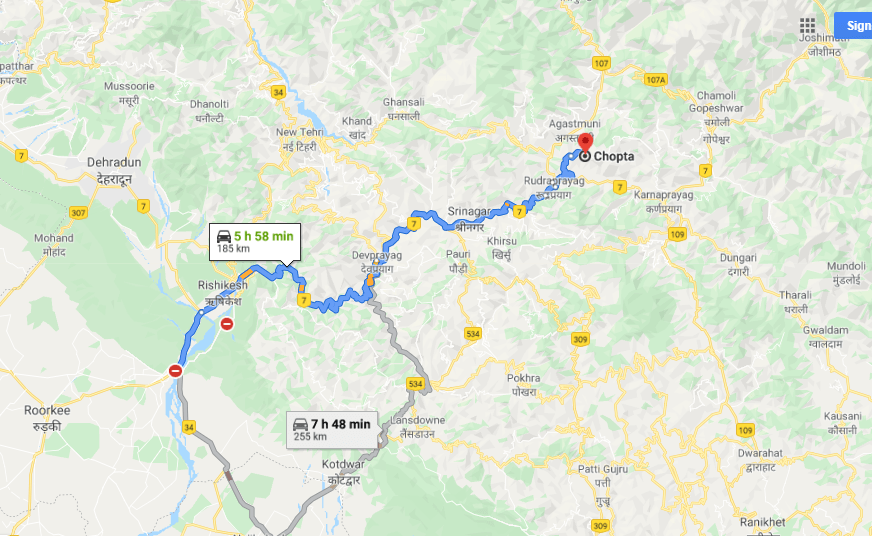 right google map to Reach Chopta Tungnath